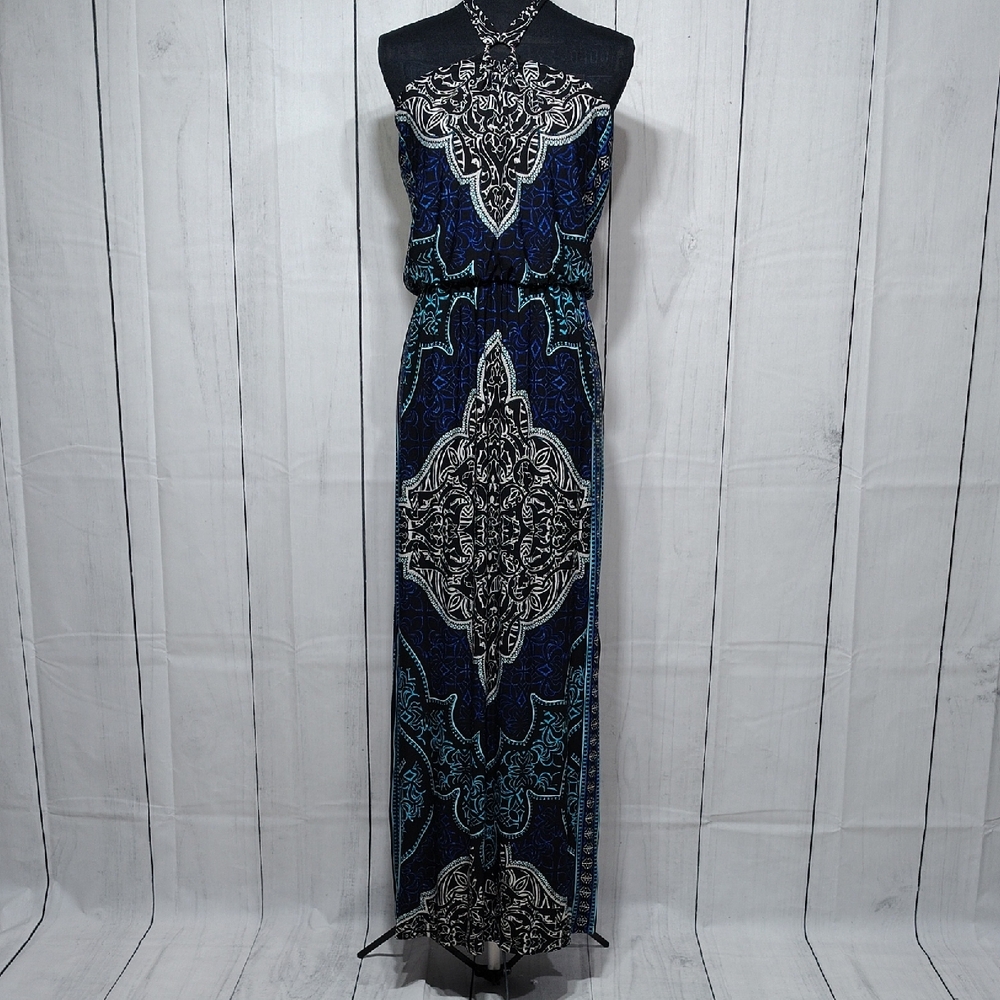 White House Black Market Black and Blue Patterned Maxi Dress